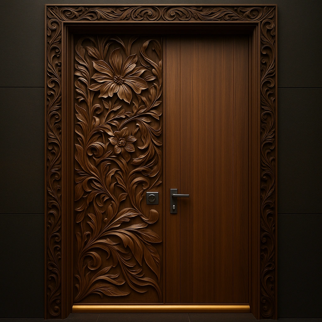 Designer Wooden Door with Floral Carving Dark Theme