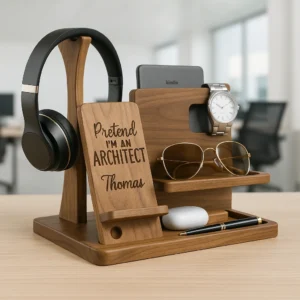 Custom Engraved Wooden Desk Organizer with Phone Dock, Watch & Headphone Stand – Stylish Handmade Gift for Retirement, Husband, Boyfriend, or Father's Day